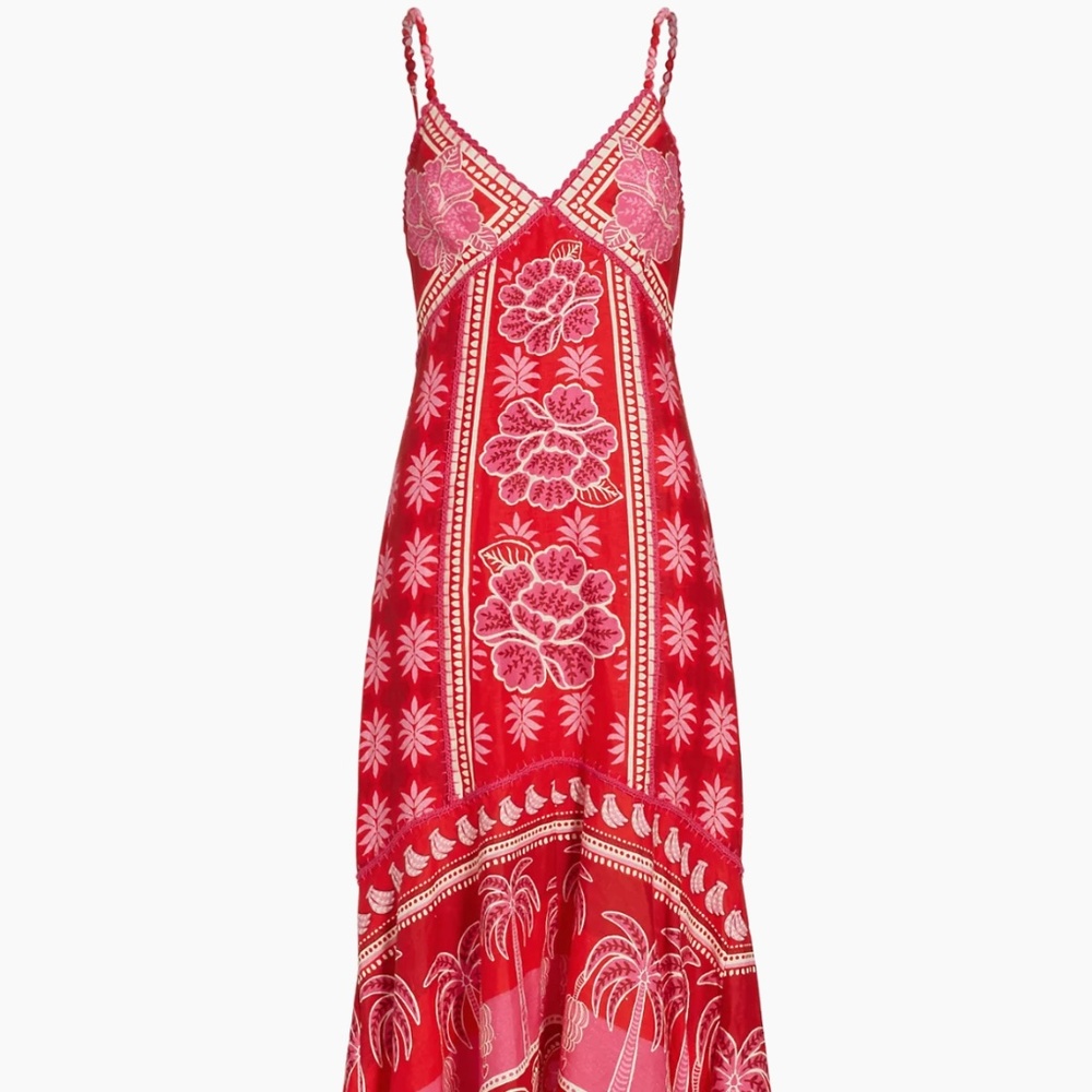 NWOT FARM RIO MIDI Maxi Dress Sz M Red Pink Embroidered